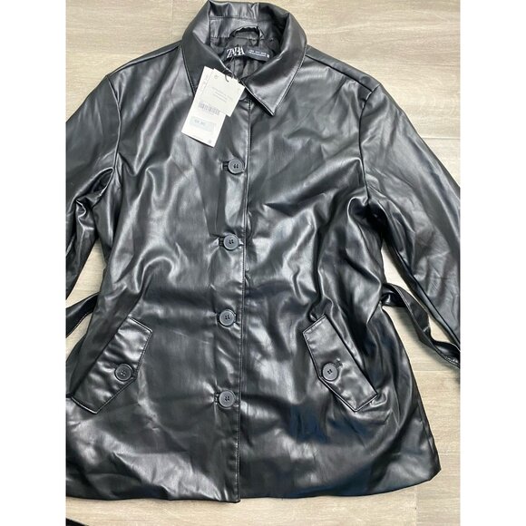 Zara Black Faux Leather Short Trench Water Repellent Jacket Women’s Size Small - Picture 2 of 13